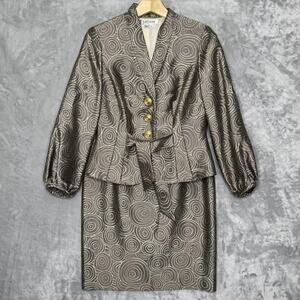 Kay Unger Skirt Suit Womens 6 Brown Gold Jacquard Silk Lined Peplum Belted Set